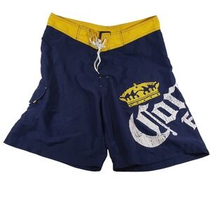 Mens Corona‎ Extra Swim Trunks Board Shorts Size 34 Navy Yellow Crown Logo